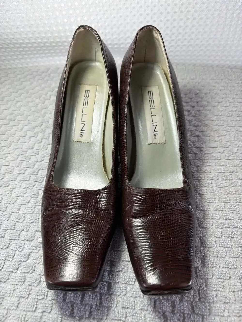 Bellini Royal Brown Leather Alligator Skin Square Toe Block Heel Pumps